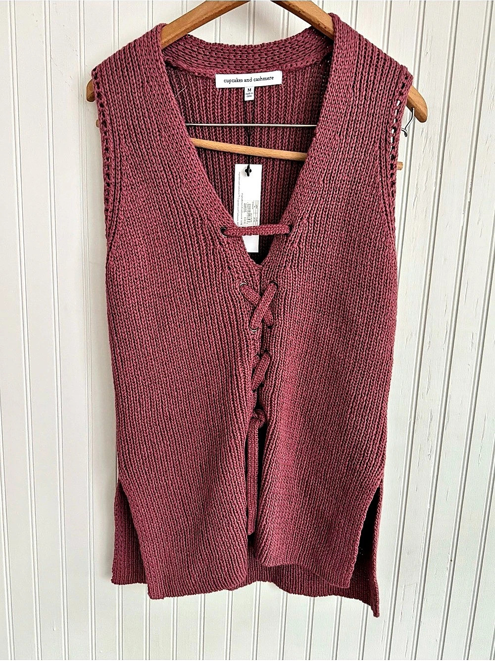 cupcakes and cashmere Lace-Up Sweater Tank Size M in Dusty Rose NWT